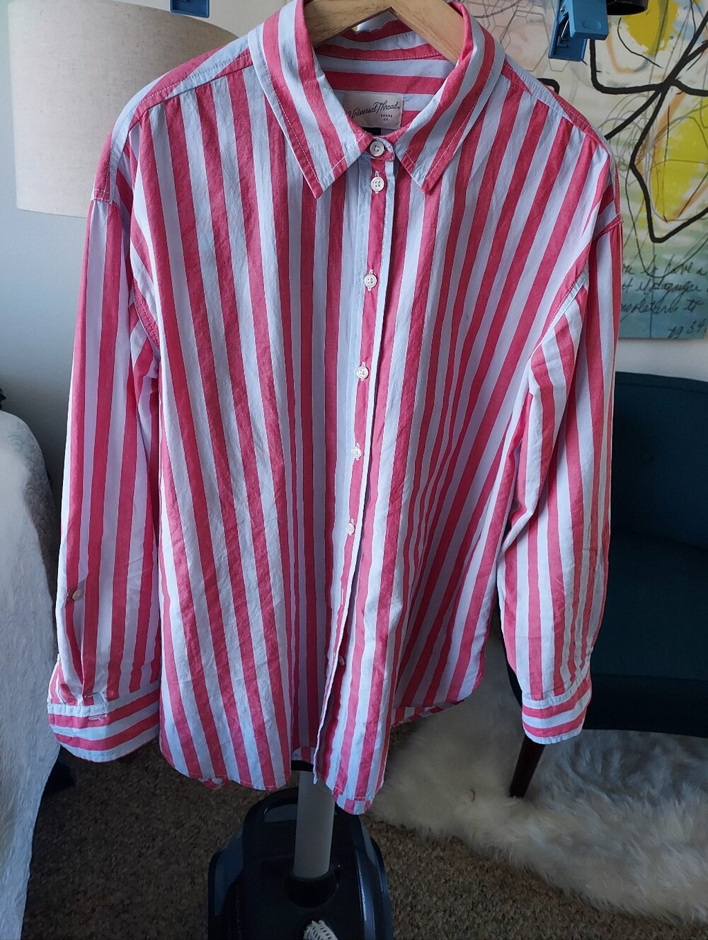 Classic Womens Button-Down Oversize Shirt - Red & Lt Blue Stripe 100% Cotton.